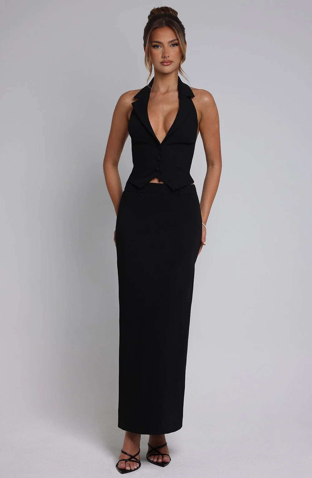 Black Tailored Crepe Maxi Skirt with Split Back
