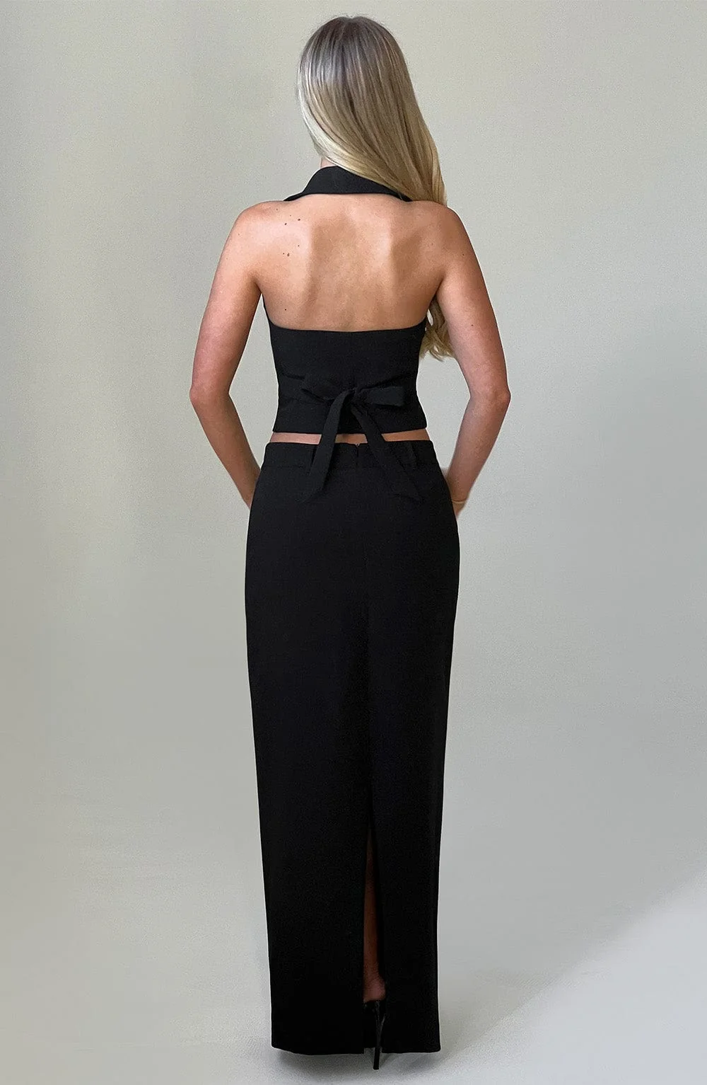 Black Tailored Crepe Maxi Skirt with Split Back