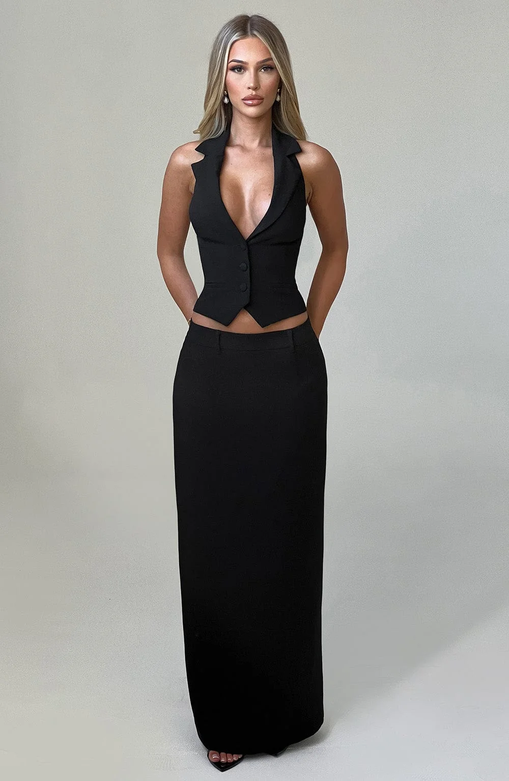 Black Tailored Crepe Maxi Skirt with Split Back