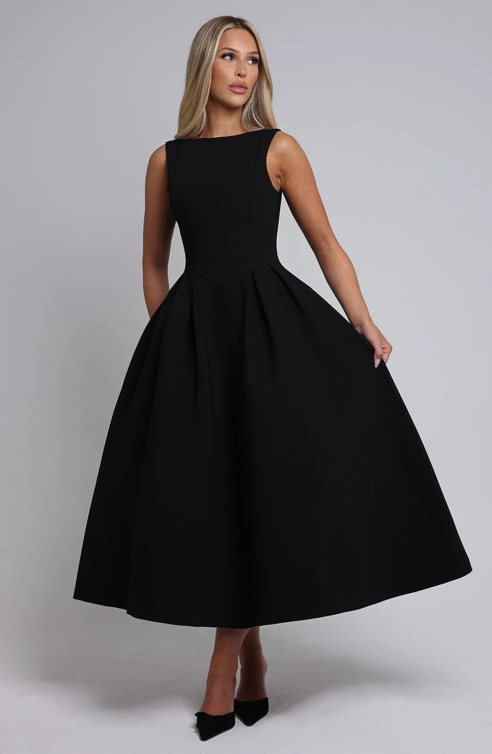 Black Crepe Midi Dress with Tulle Panel Skirt
