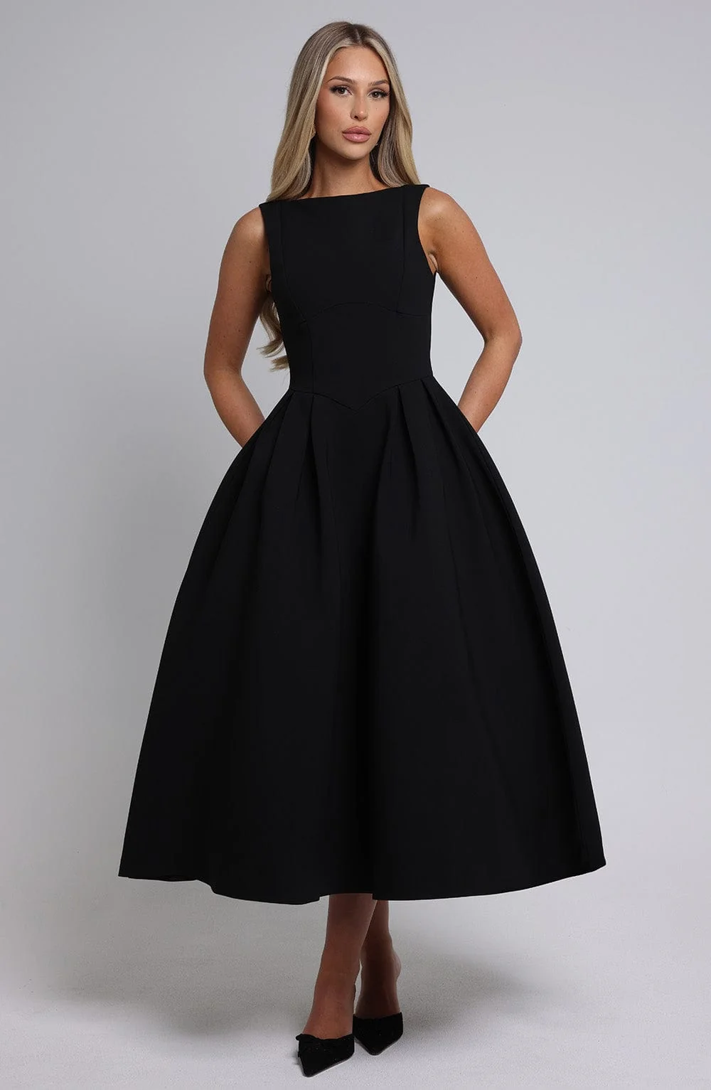 Black Crepe Midi Dress with Tulle Panel Skirt