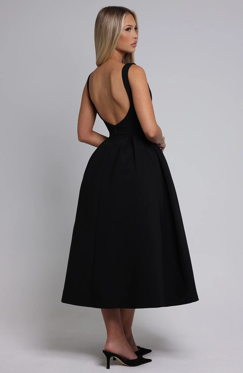 Black Crepe Midi Dress with Tulle Panel Skirt