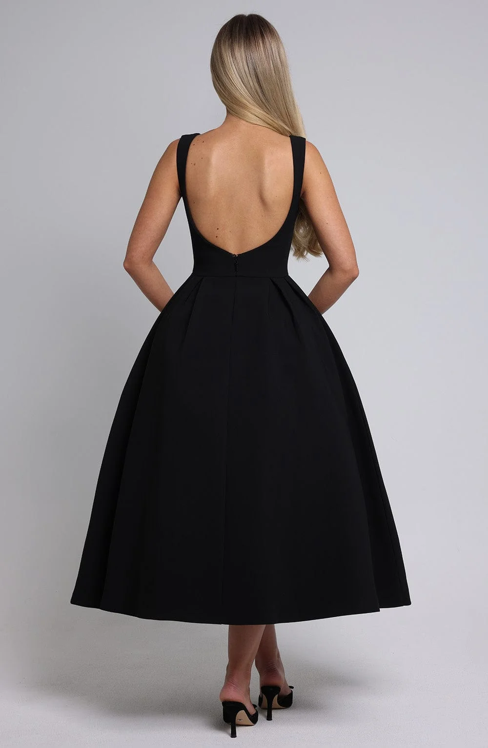 Black Crepe Midi Dress with Tulle Panel Skirt