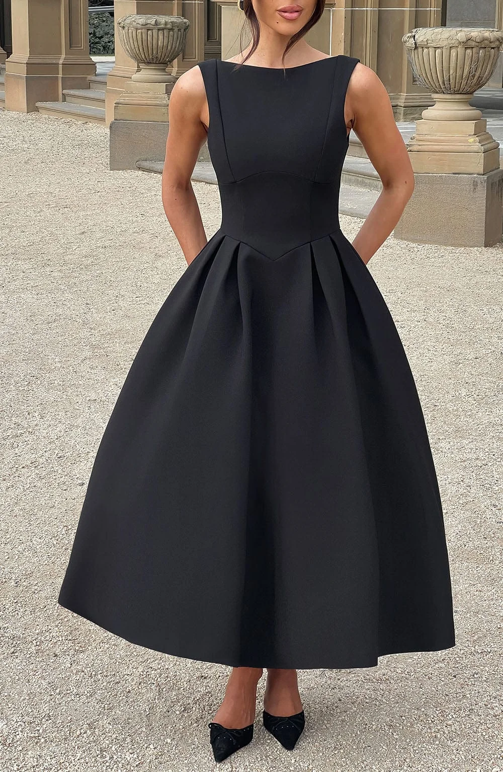 Black Crepe Midi Dress with Tulle Panel Skirt