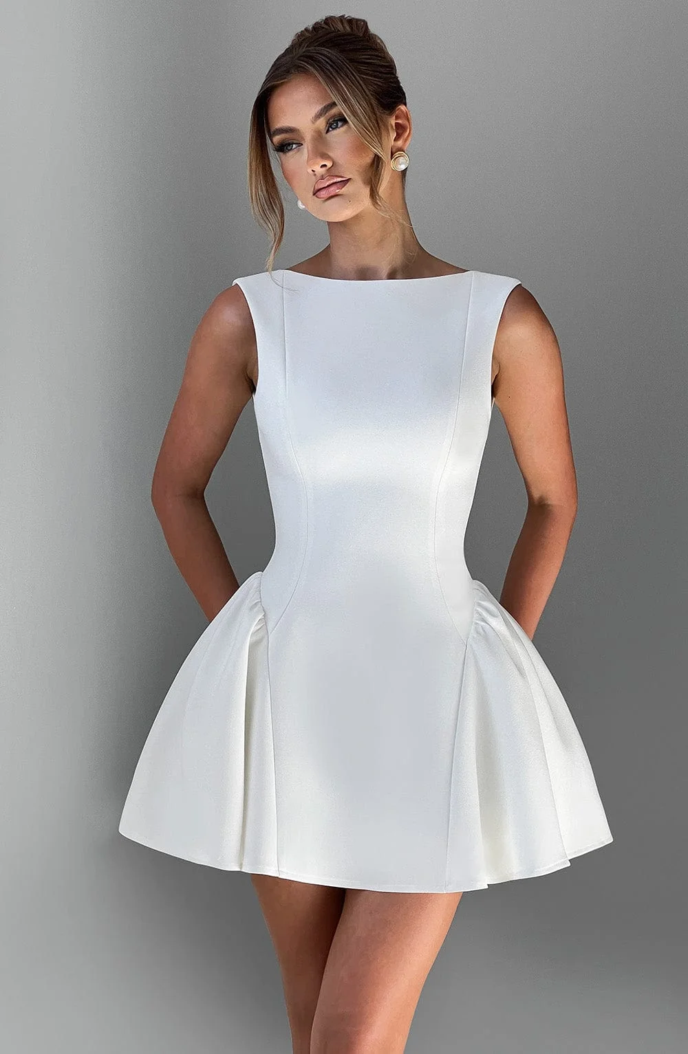 Ivory Dropped Waist Mini Dress in Premium Crepe Fabric