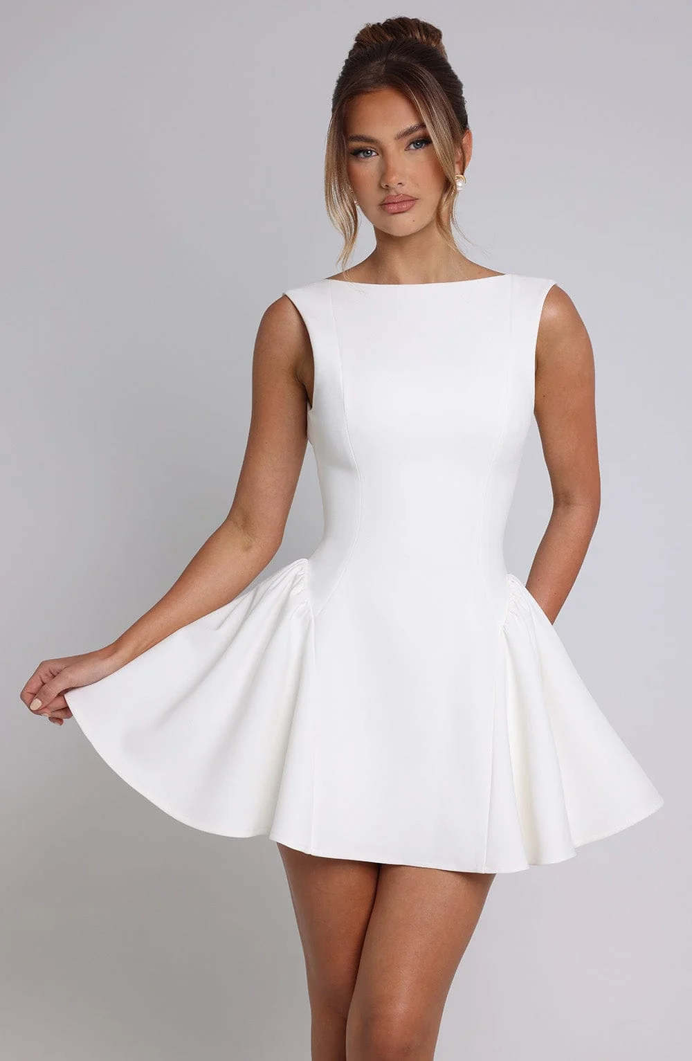 Ivory Dropped Waist Mini Dress in Premium Crepe Fabric