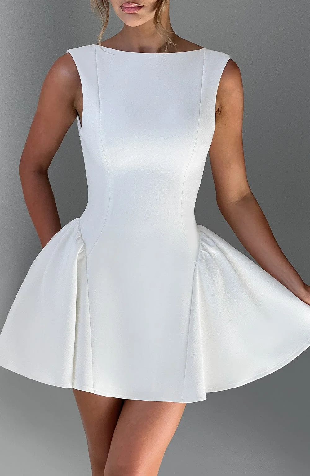 Ivory Dropped Waist Mini Dress in Premium Crepe Fabric