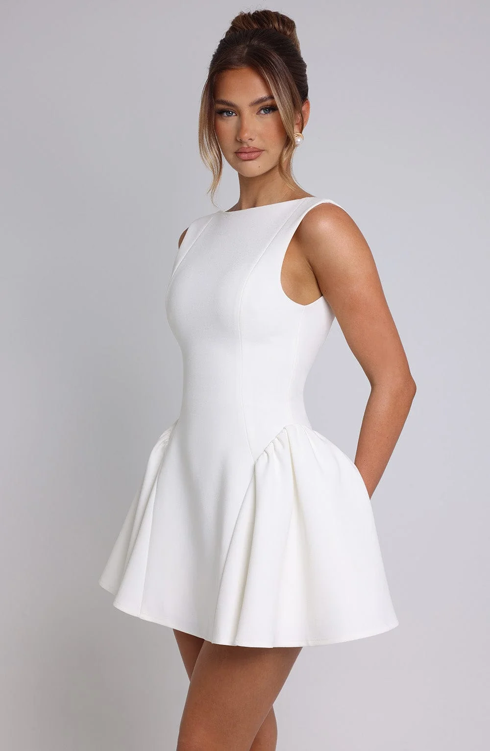 Ivory Dropped Waist Mini Dress in Premium Crepe Fabric