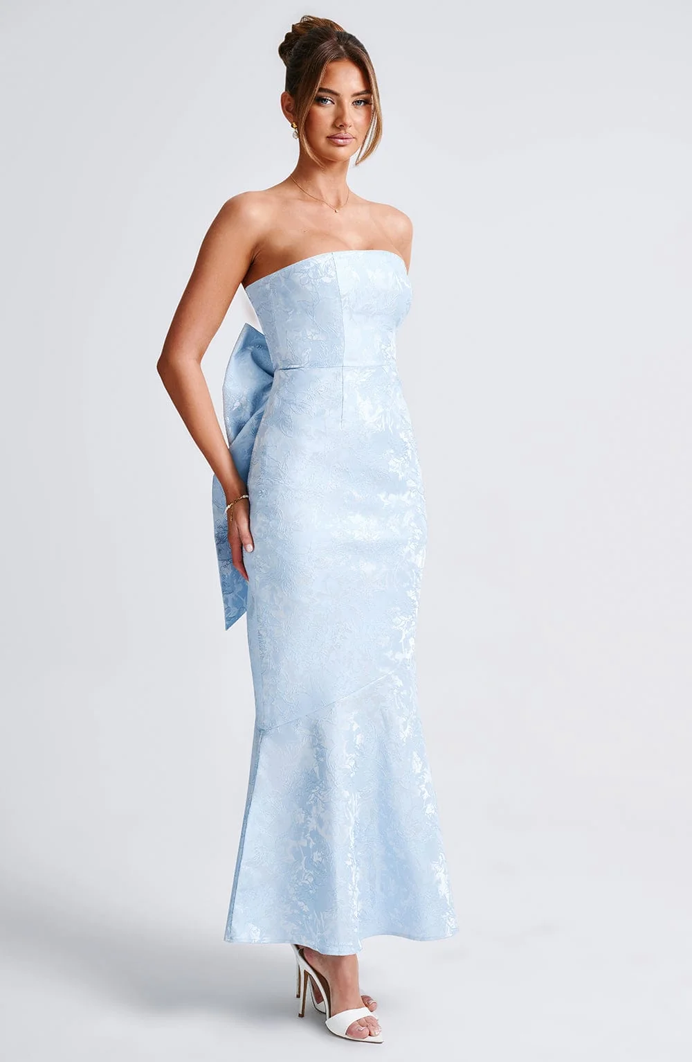 Blue Flare Fit and Flare Maxi Dress with Oversized Bow Detail