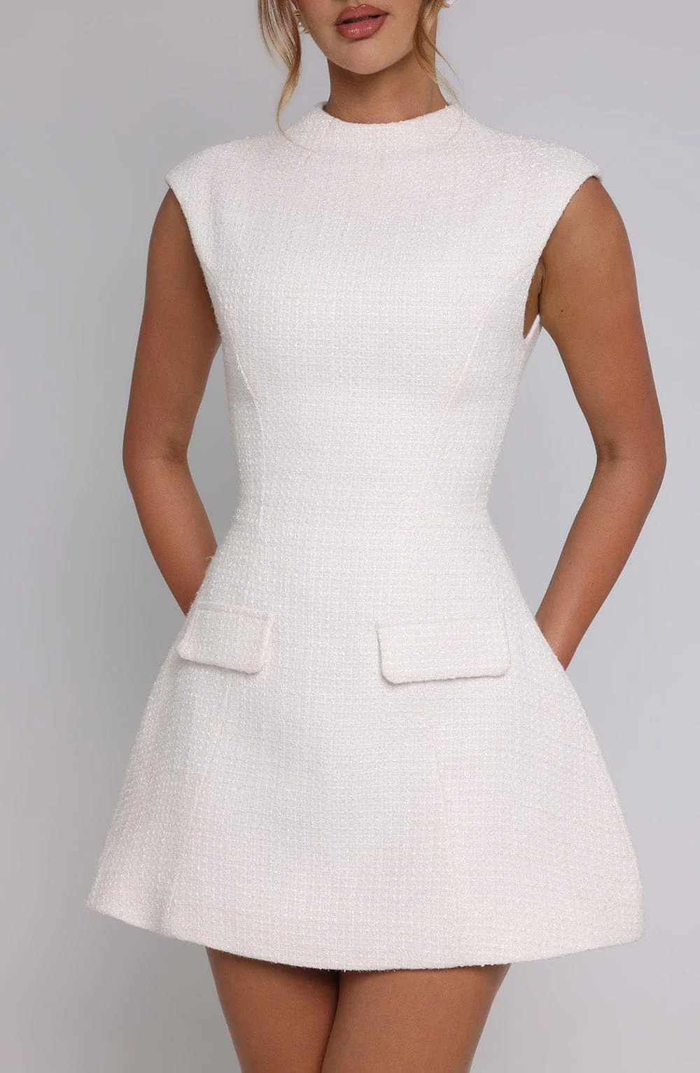 Ivory Textured Tweed Bubble Mini Dress