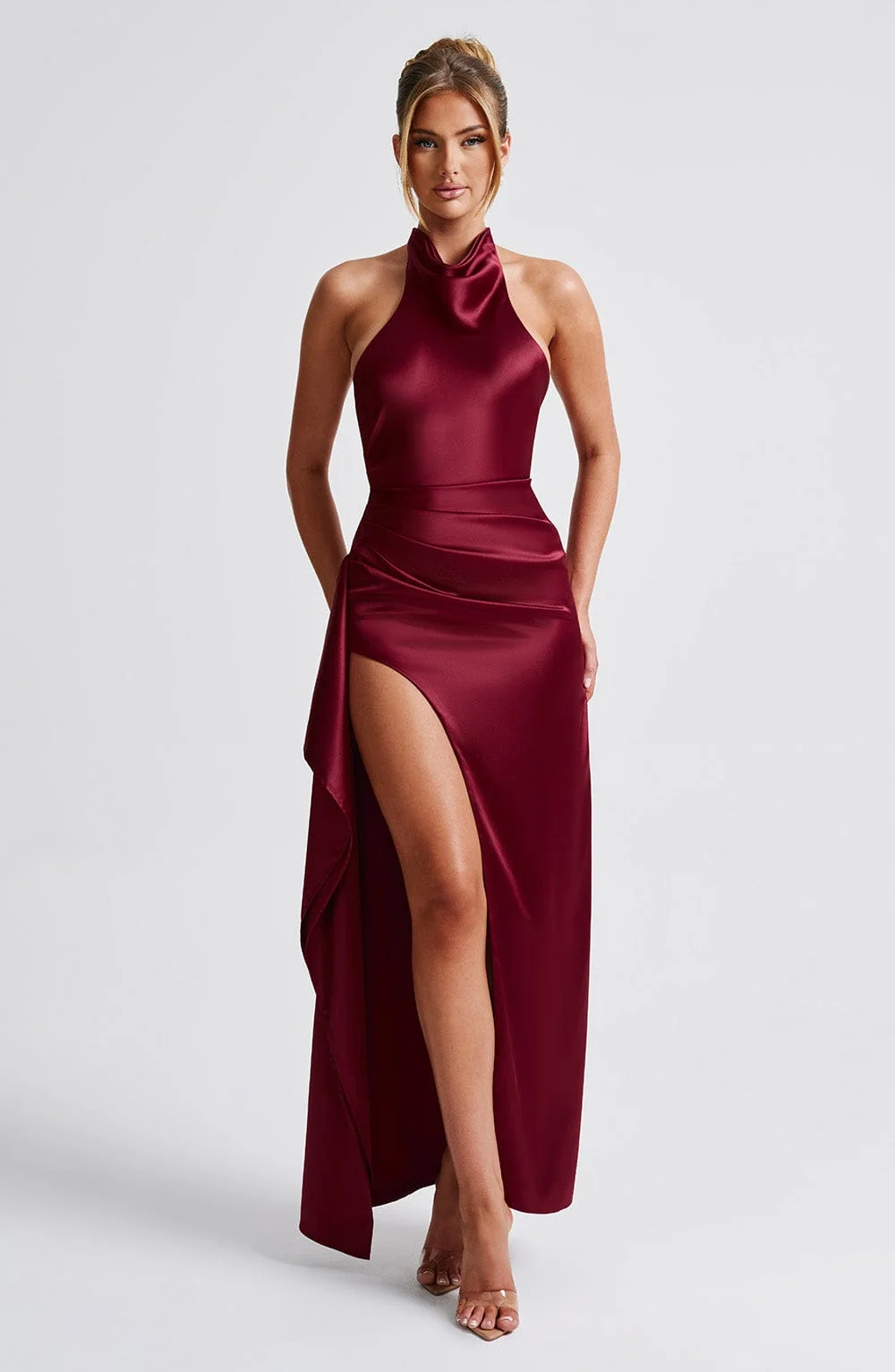 Burgundy Satin Maxi Dress with Cowl Neckline