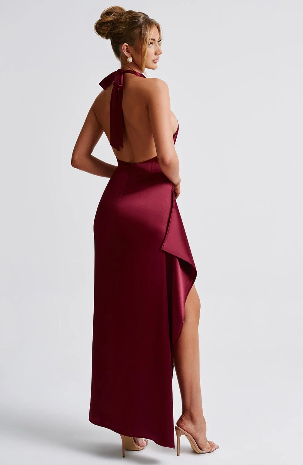 Burgundy Satin Maxi Dress with Cowl Neckline