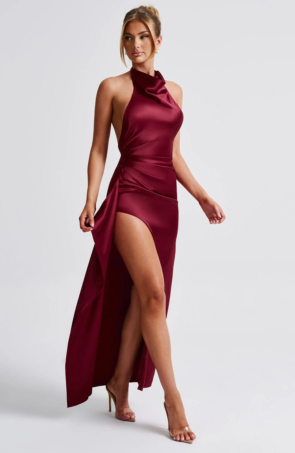 Burgundy Satin Maxi Dress with Cowl Neckline