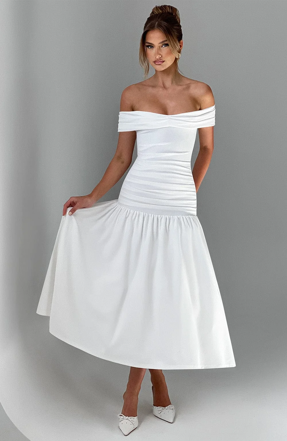 Ivory Midaxi Dress with Pleated Bardot Neckline