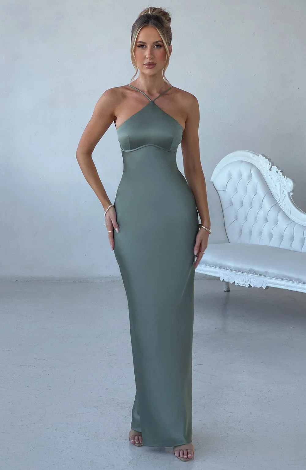 Sage Satin Maxi Dress - Elegant V-Back with Tie Detail