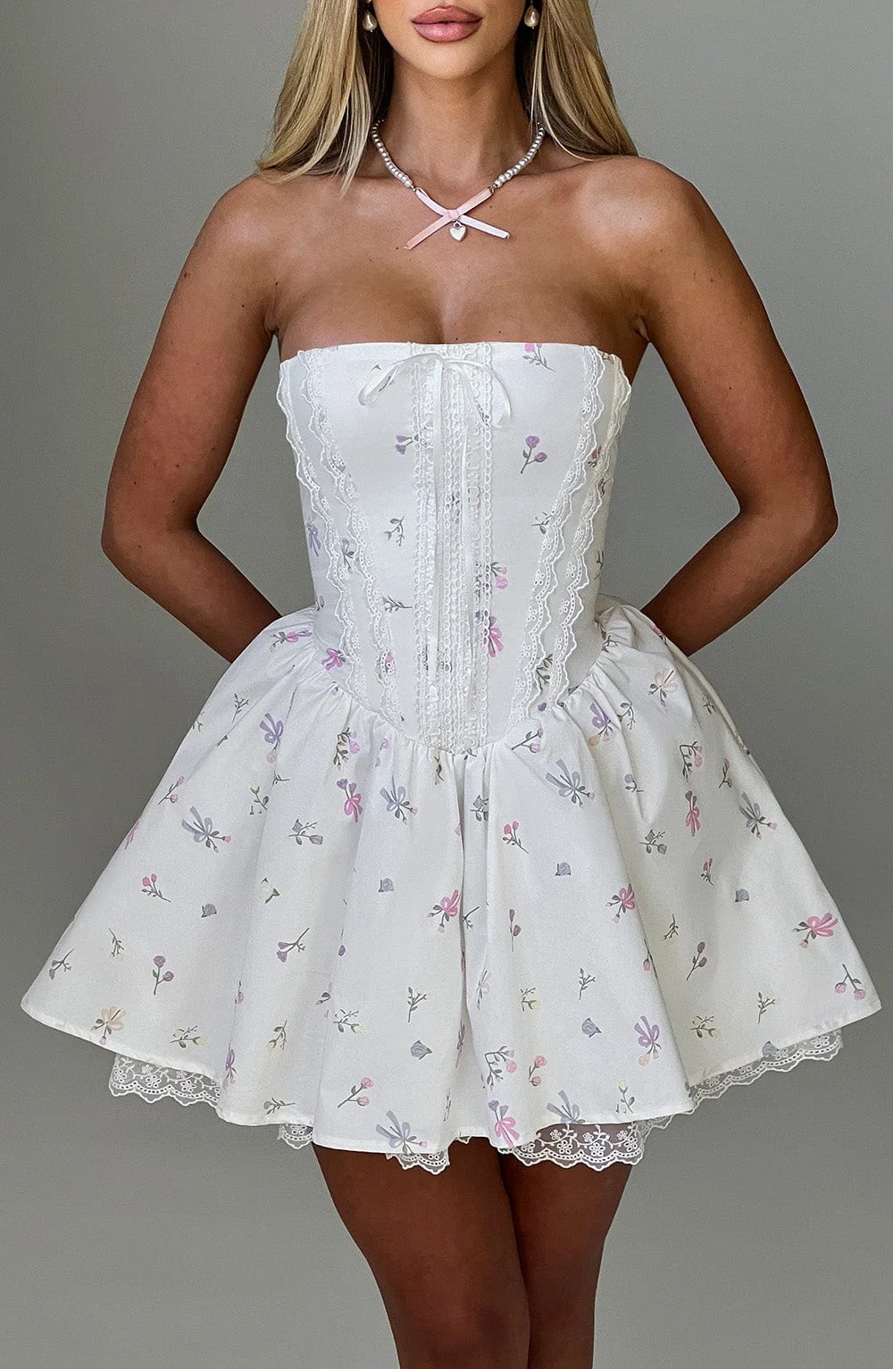 Floral Print Mini Dress - White Tulle Skater Style