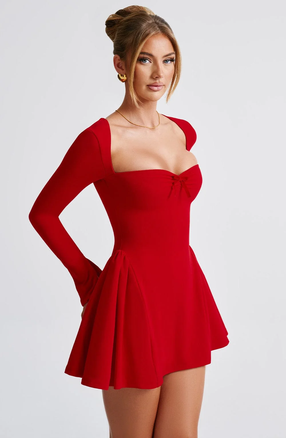 Red Sweetheart Neckline Mini Dress with Velvet Bow Detail