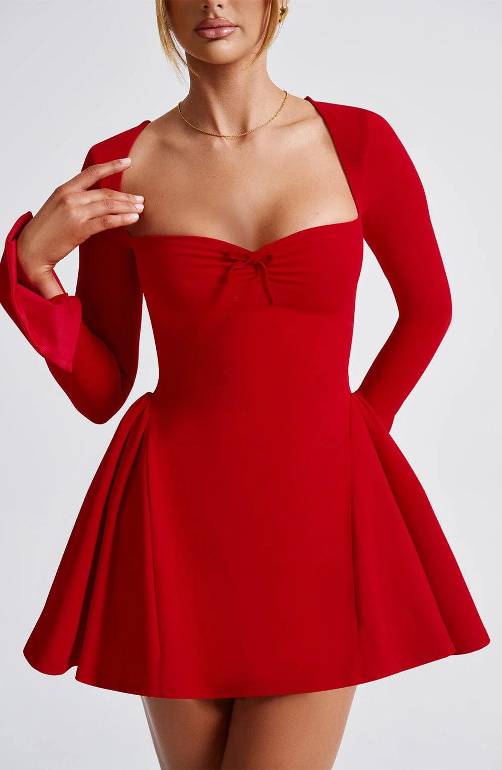 Red Sweetheart Neckline Mini Dress with Velvet Bow Detail