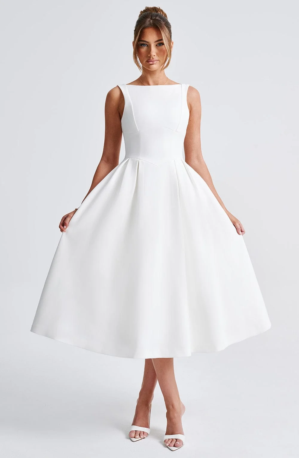 Ivory Crepe Midi Dress with Tulle Skirt