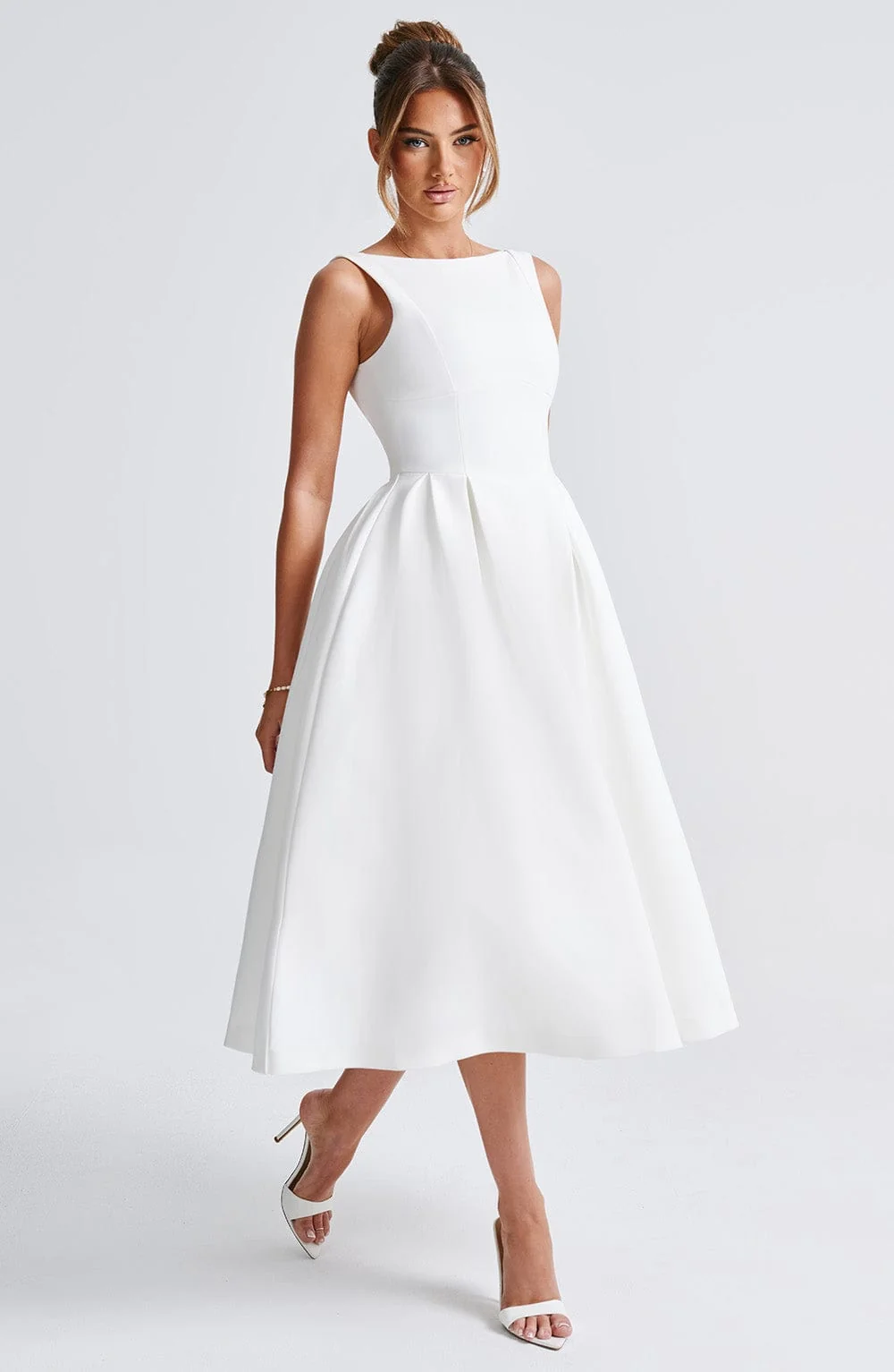 Ivory Crepe Midi Dress with Tulle Skirt