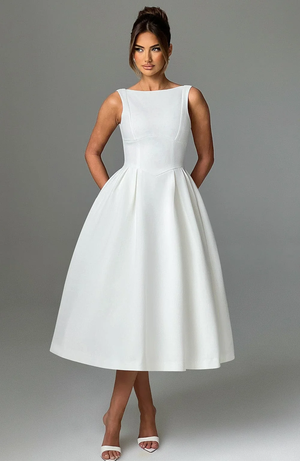 Ivory Crepe Midi Dress with Tulle Skirt