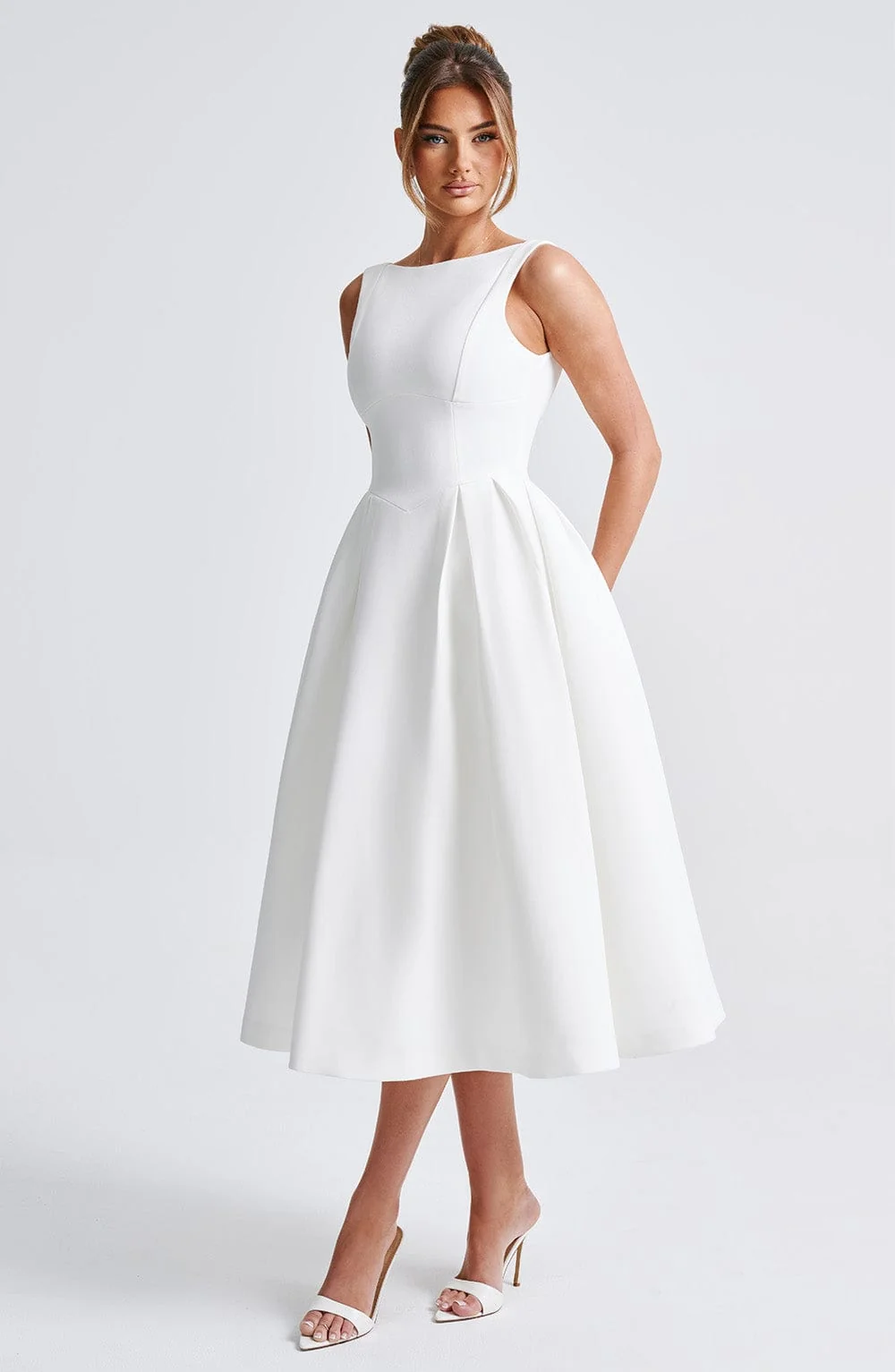Ivory Crepe Midi Dress with Tulle Skirt