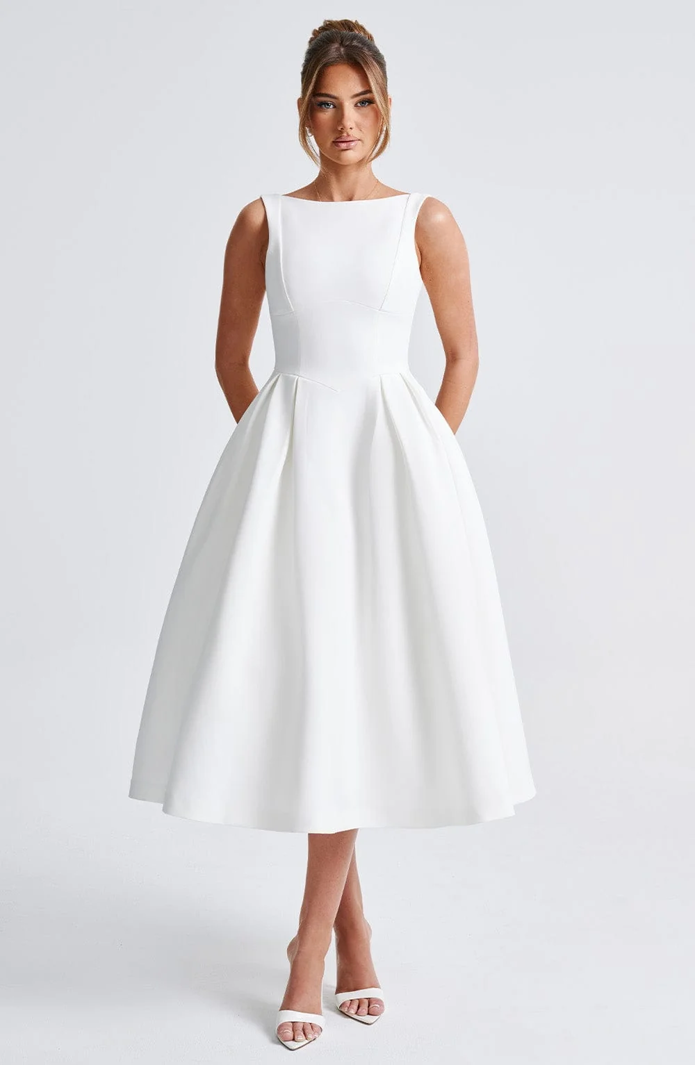 Ivory Crepe Midi Dress with Tulle Skirt