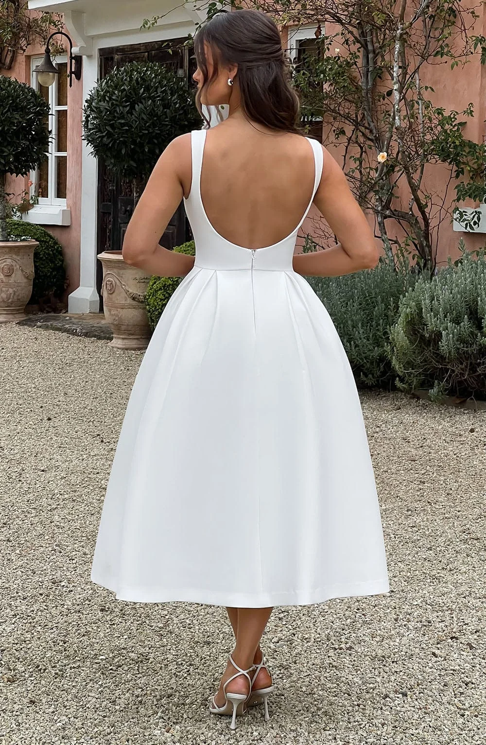 Ivory Crepe Midi Dress with Tulle Skirt