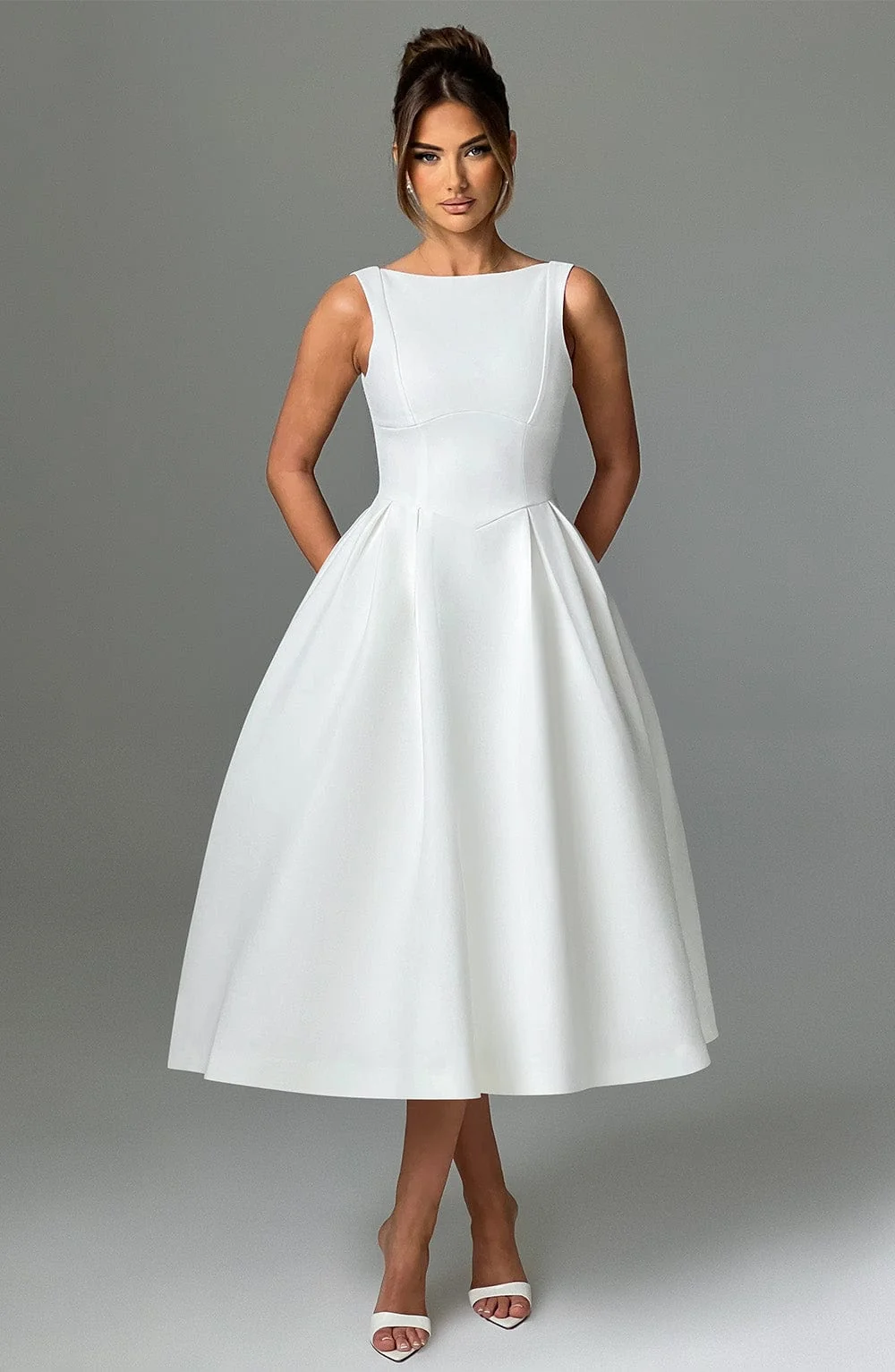 Ivory Crepe Midi Dress with Tulle Skirt