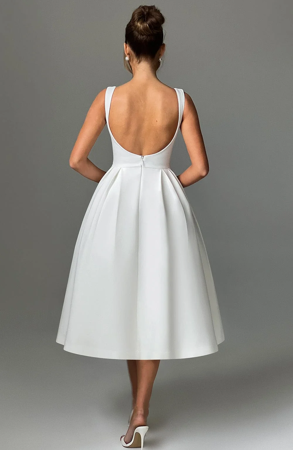 Ivory Crepe Midi Dress with Tulle Skirt