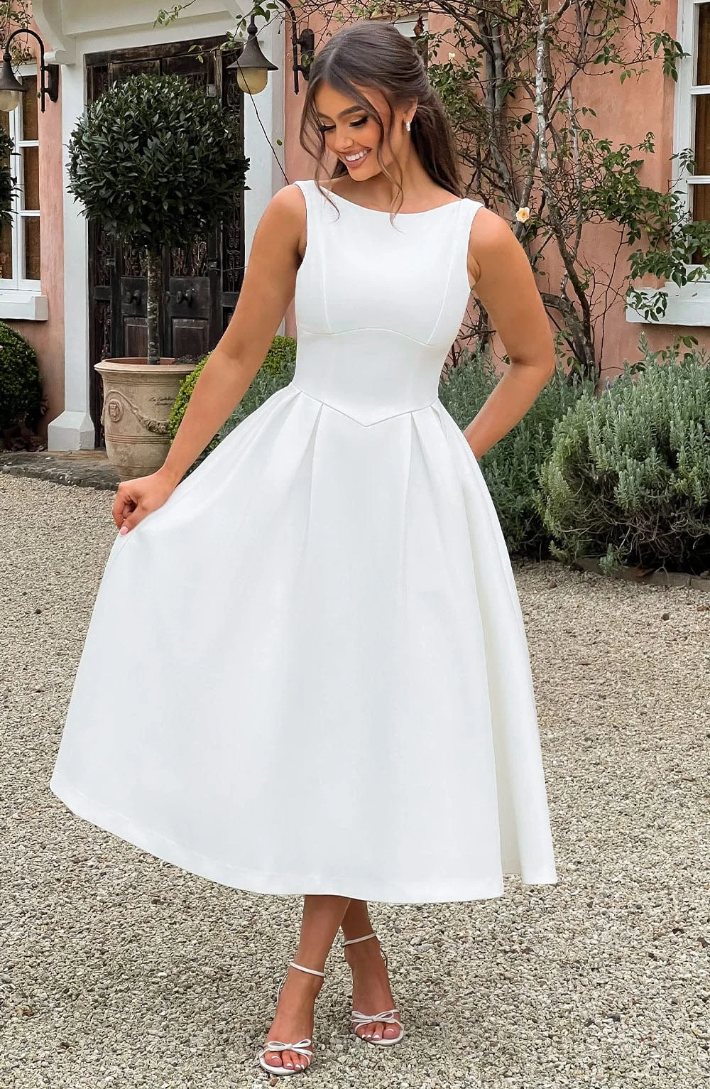 Ivory Crepe Midi Dress with Tulle Skirt