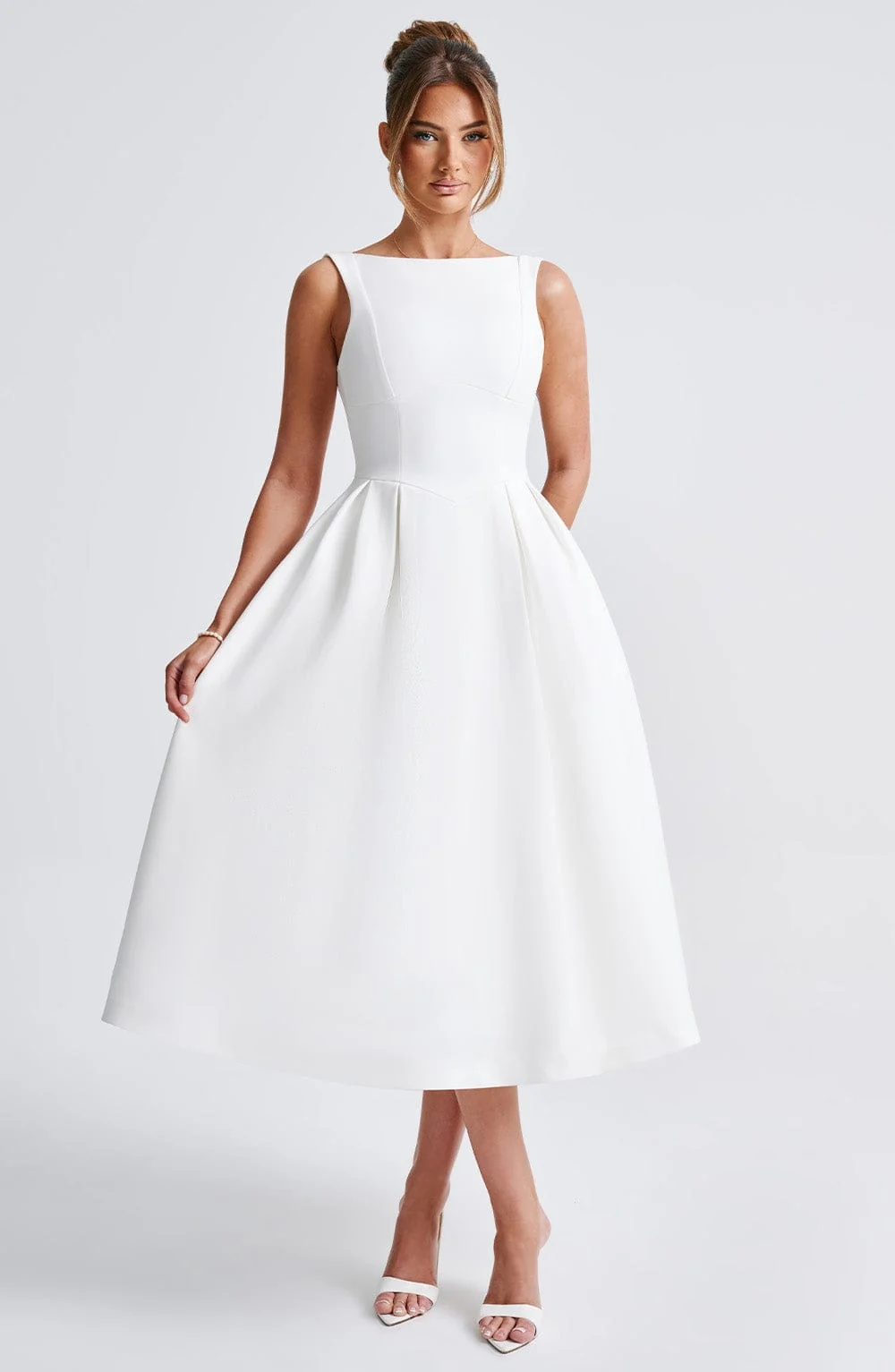 Ivory Crepe Midi Dress with Tulle Skirt