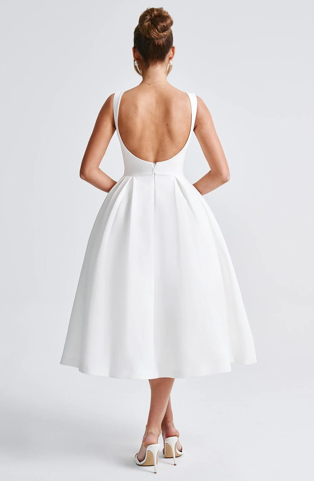 Ivory Crepe Midi Dress with Tulle Skirt