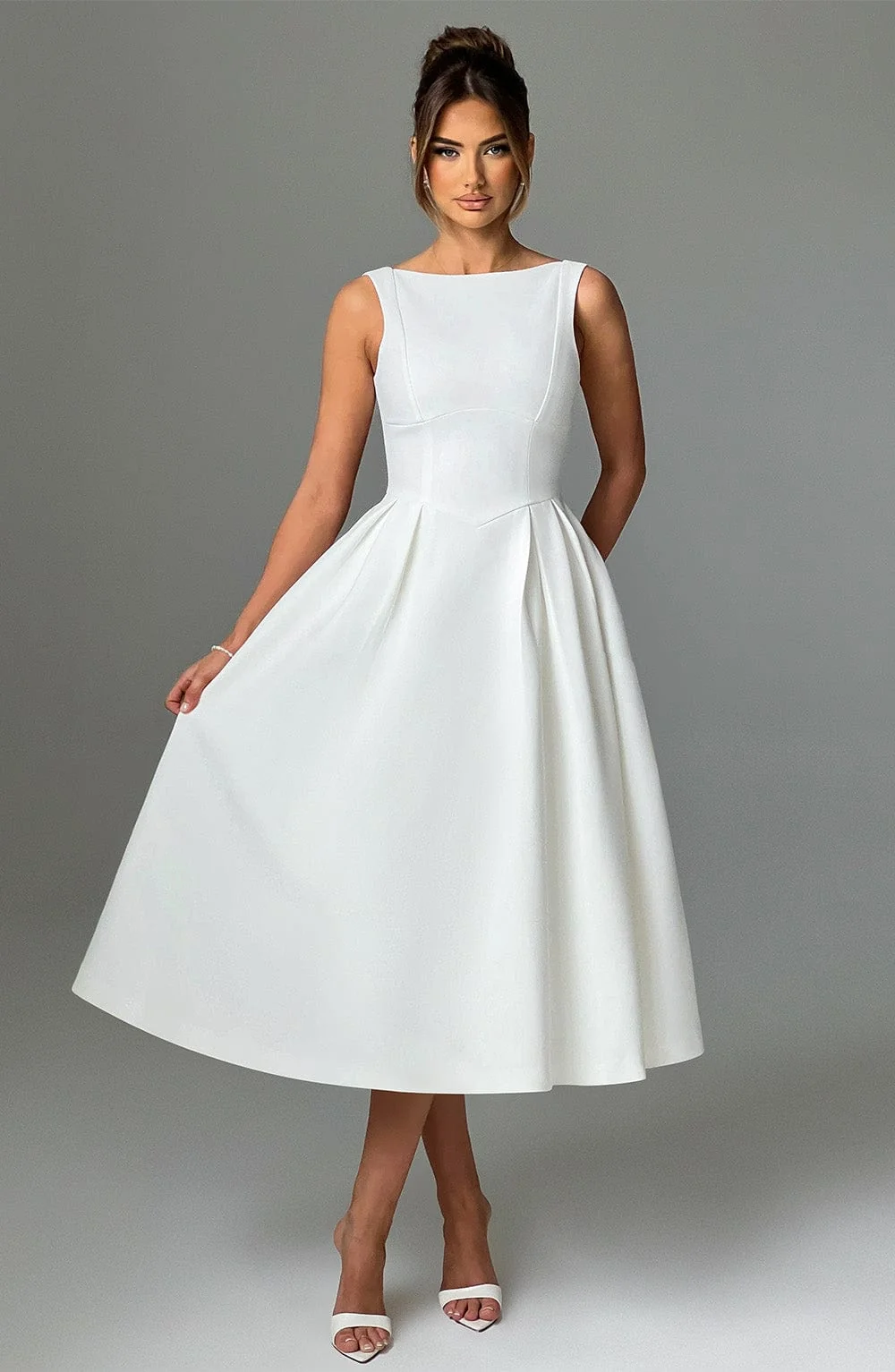 Ivory Crepe Midi Dress with Tulle Skirt