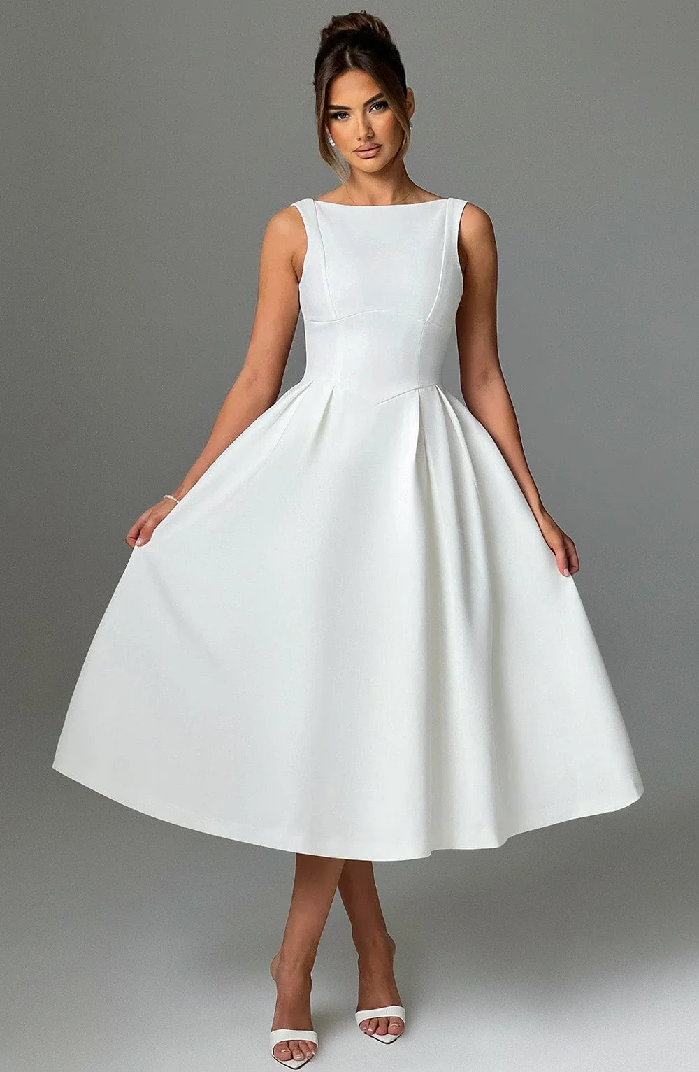 Ivory Crepe Midi Dress with Tulle Skirt