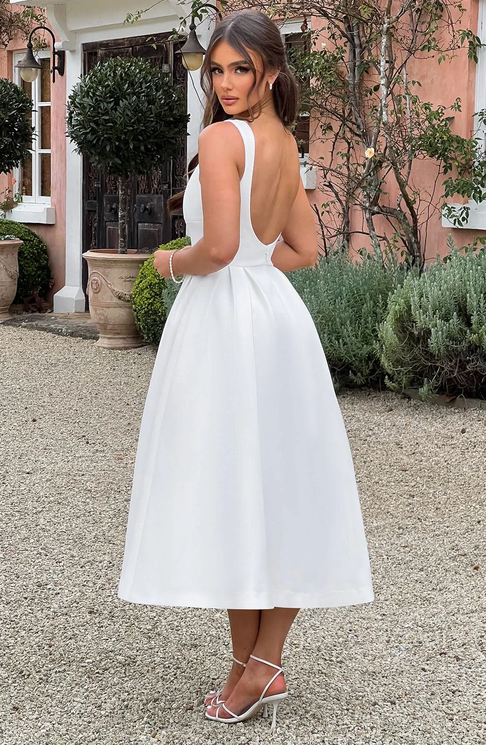 Ivory Crepe Midi Dress with Tulle Skirt