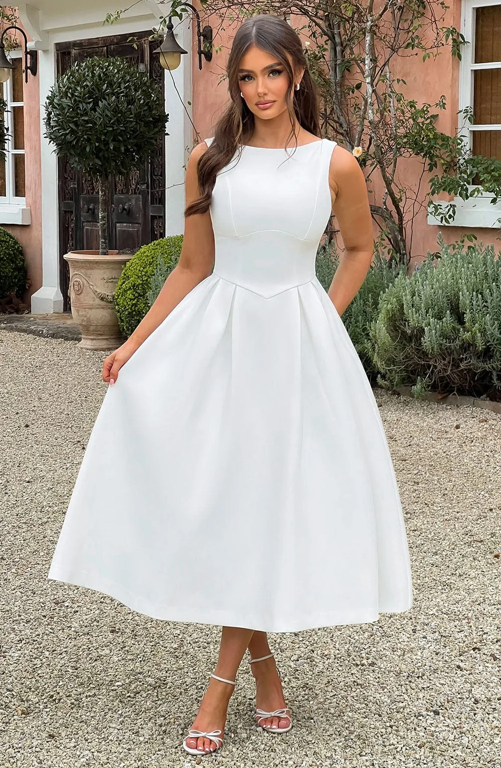 Ivory Crepe Midi Dress with Tulle Skirt