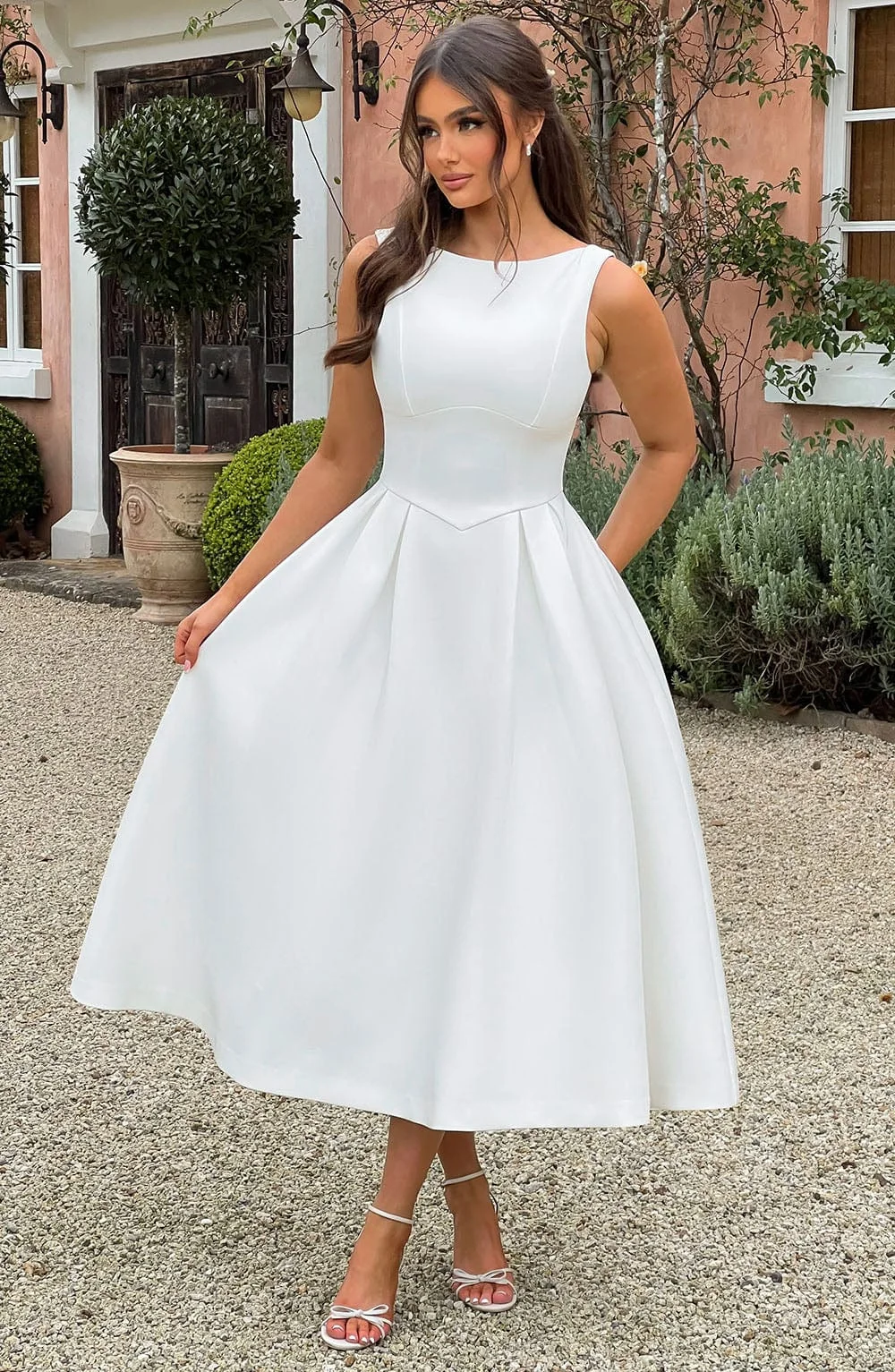 Ivory Crepe Midi Dress with Tulle Skirt