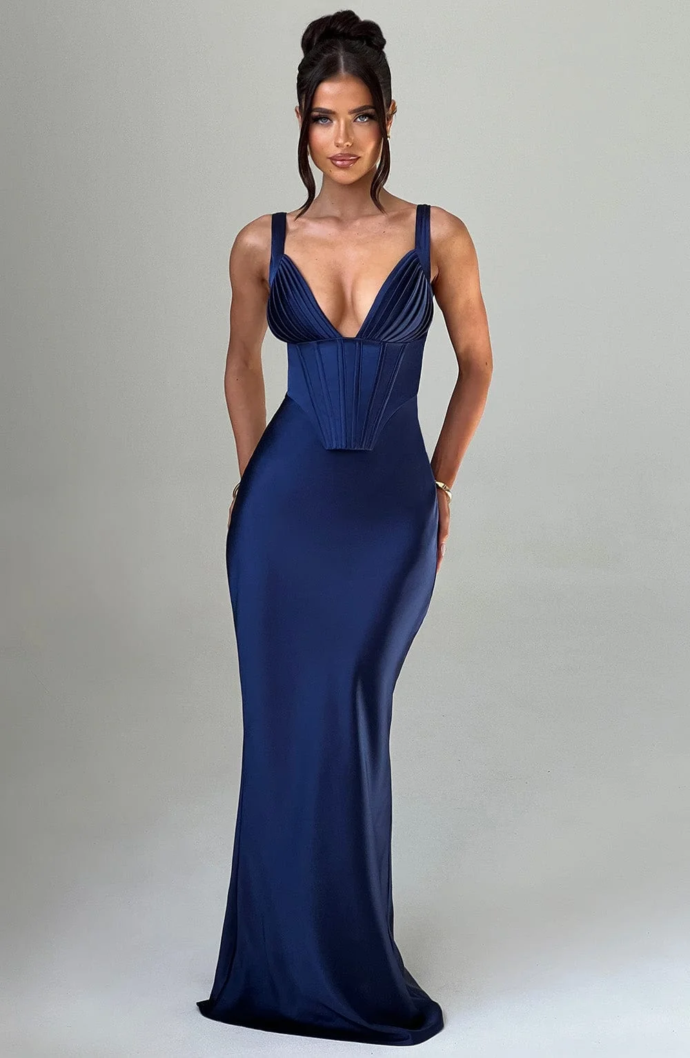 Navy Satin Bias Cut Maxi Dress with Corset Bodice