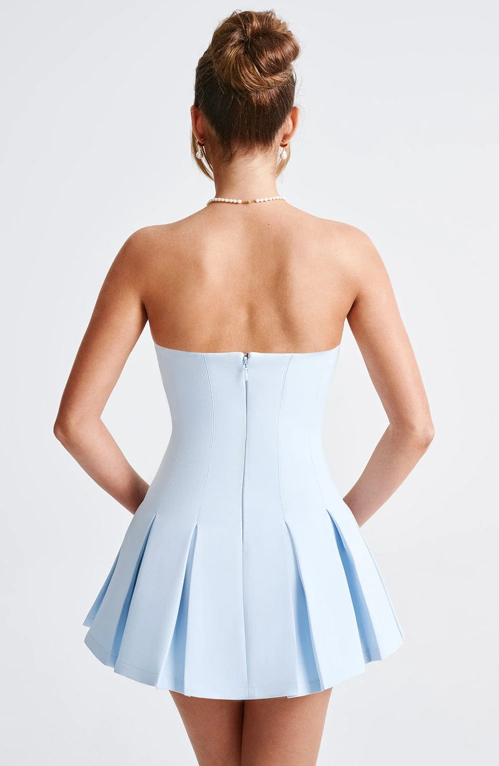 Blue Strapless Flare Mini Dress in Premium Crepe Fabric