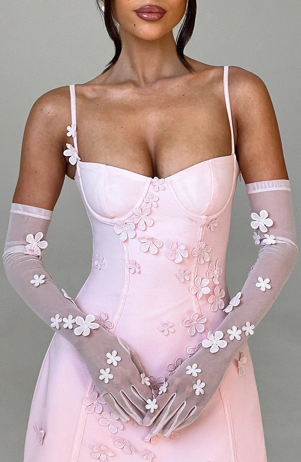 Blush Mesh Gloves with 3D Floral Applique - Elbow Length