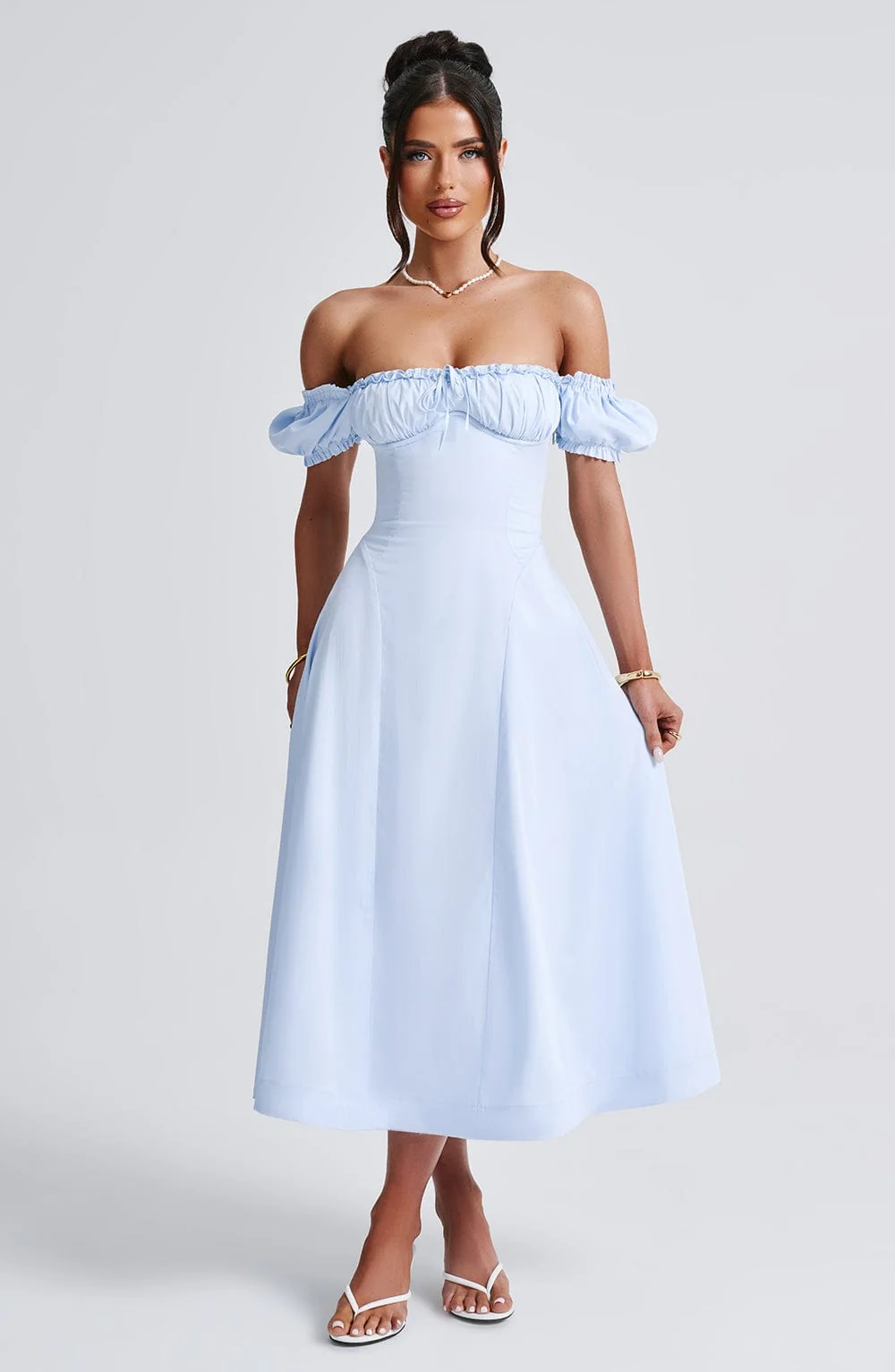 Blue Cotton Blend Midi Dress with Cinched Waist & Puff Sleeves