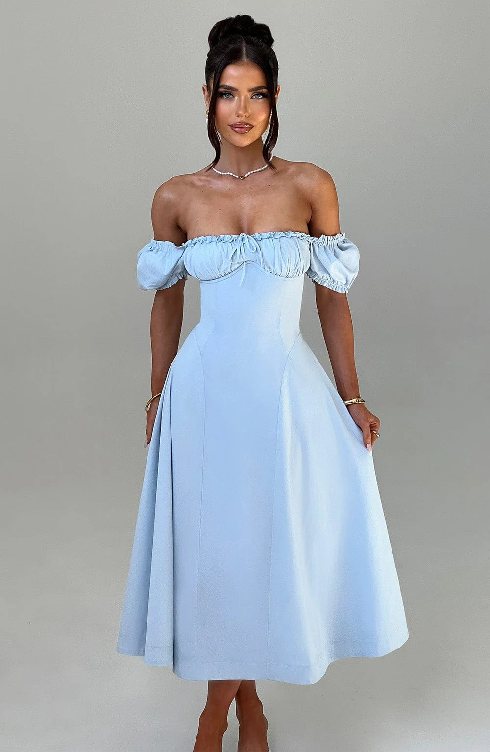 Blue Cotton Blend Midi Dress with Cinched Waist & Puff Sleeves
