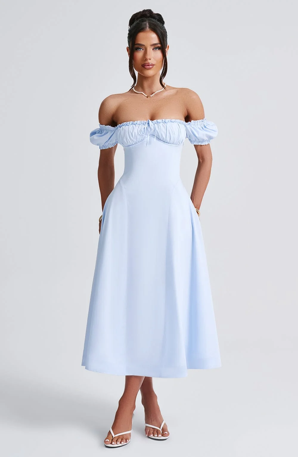 Blue Cotton Blend Midi Dress with Cinched Waist & Puff Sleeves