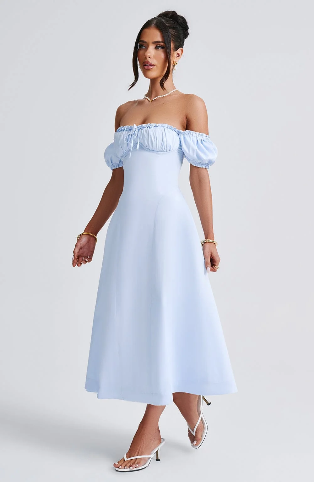 Blue Cotton Blend Midi Dress with Cinched Waist & Puff Sleeves