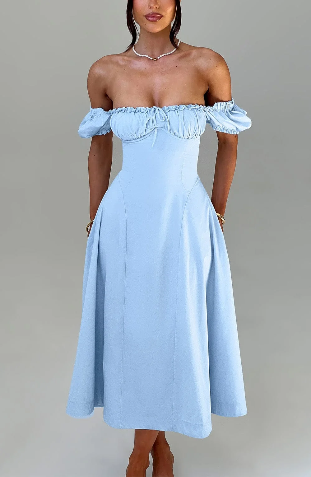 Blue Cotton Blend Midi Dress with Cinched Waist & Puff Sleeves