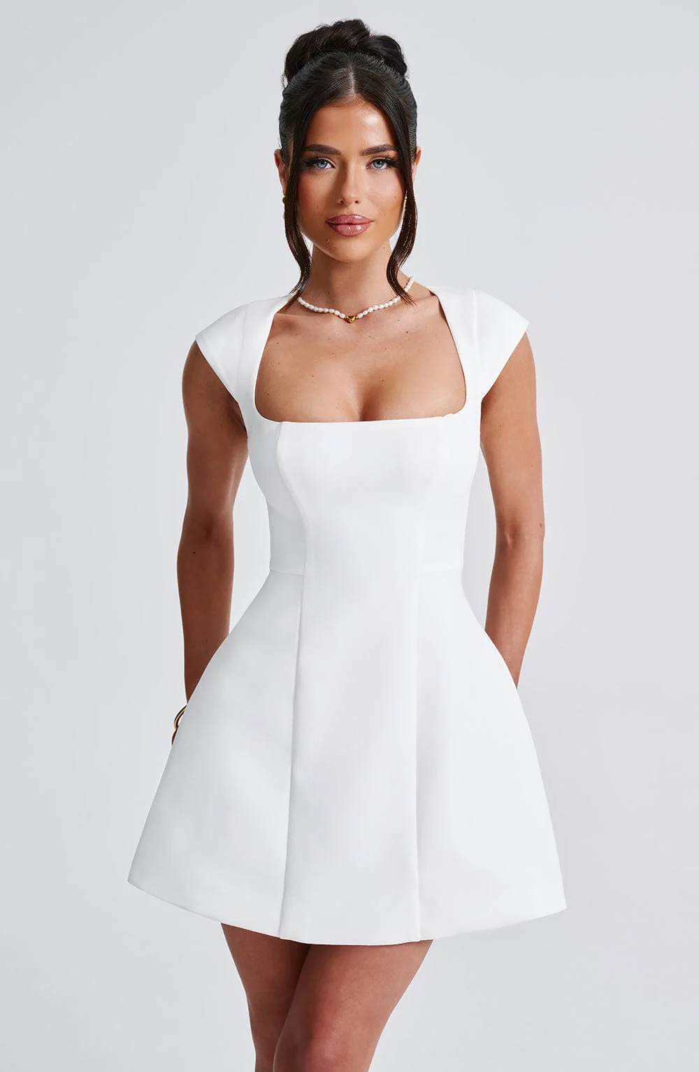 Chic Ivory Mini Dress with Cap Sleeves - Luxe Crepe Fabric