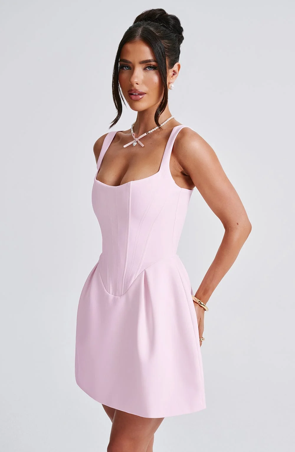Blush Bubble Hem Mini Dress in Premium Crepe Fabric