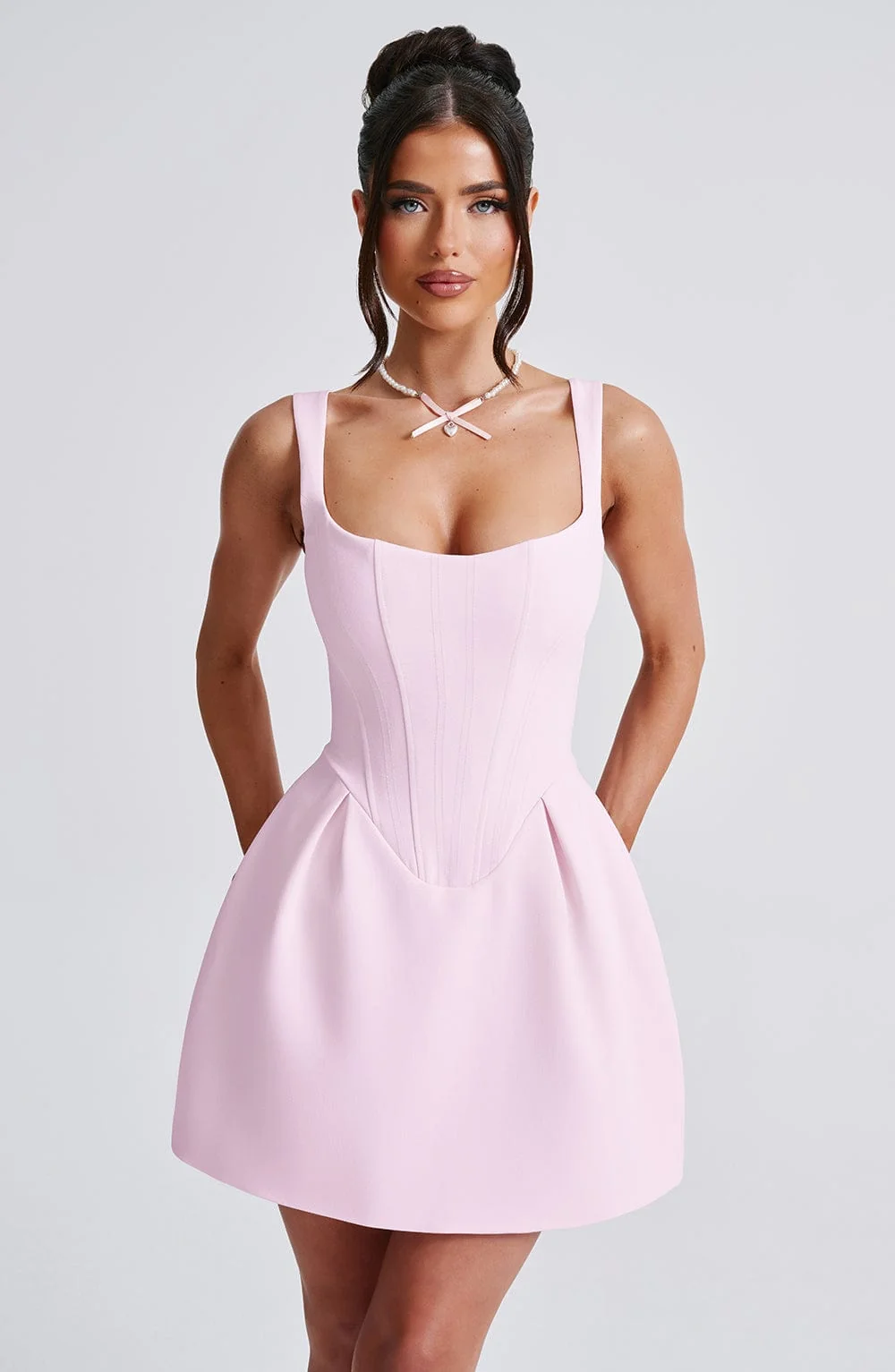 Blush Bubble Hem Mini Dress in Premium Crepe Fabric