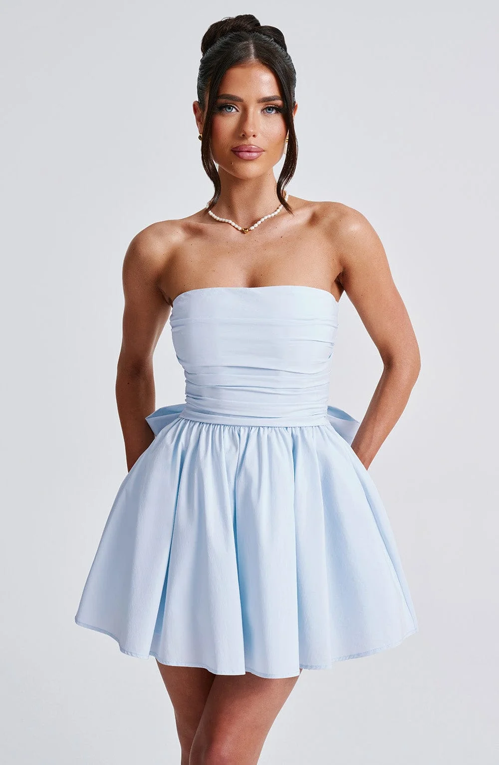 Blue Strapless Mini Dress with Oversized Bow Detail